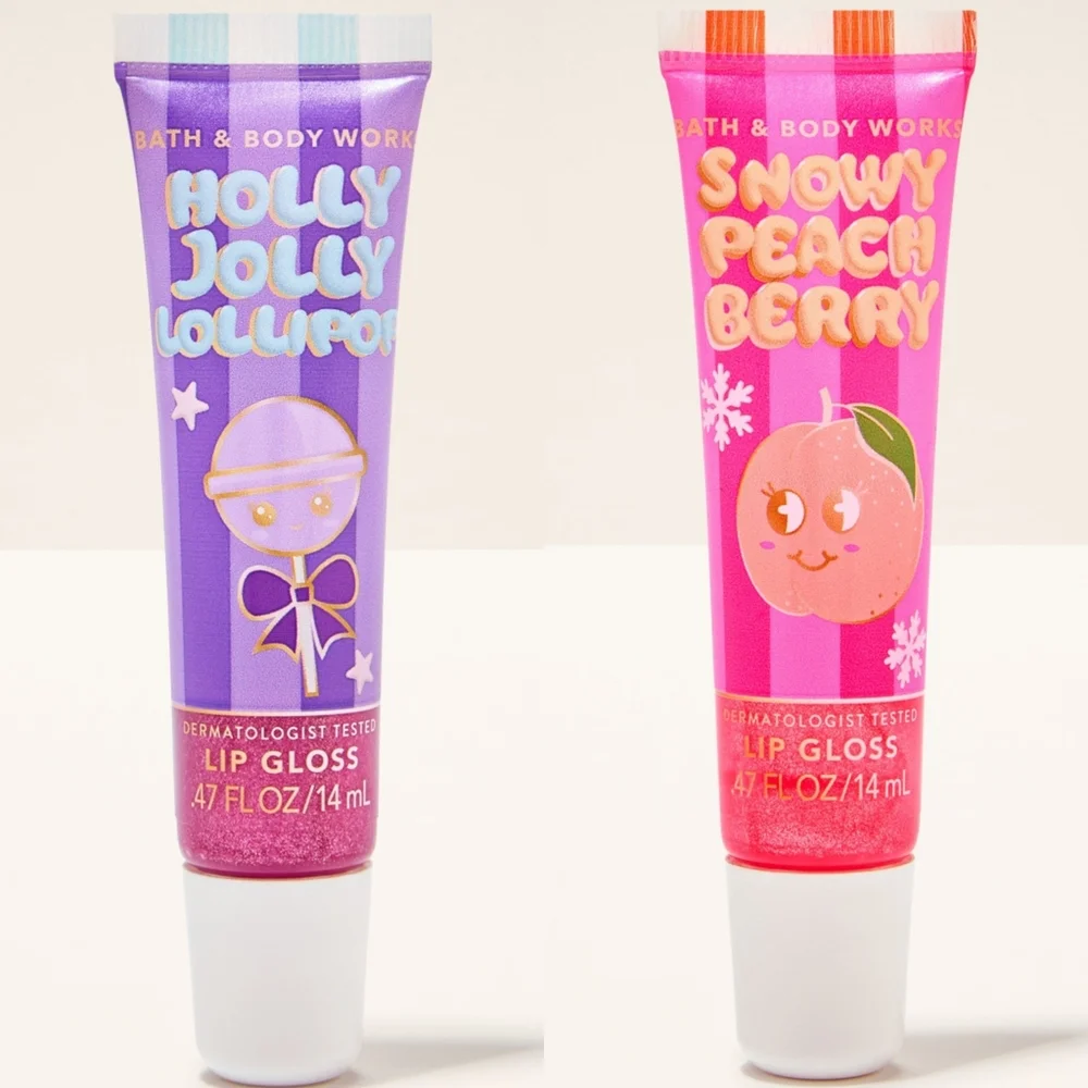 Bath Body Works Lip Gloss Set of 2 NEW  Holly Jolly Lollipop & Snowy Peach Berry